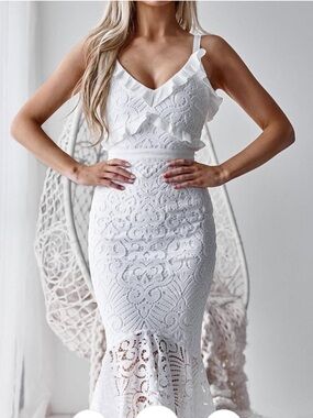 White Lace Ruffle-Trim Midi Dress